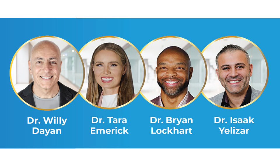 Group of orthodontists in circles against blue background
